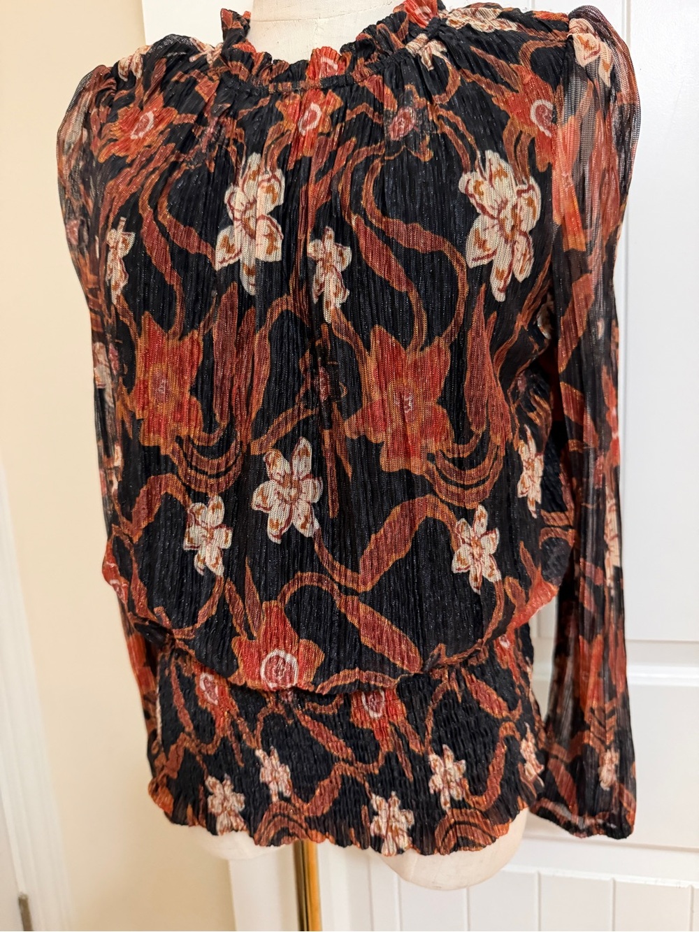 Joie Top with Rust & Cream Floral Design with Ruffles & Smocking at Waist Lg